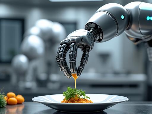 Bras robotique de cuisine préparant méticuleusement un plat.
